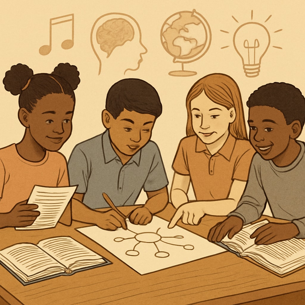 Holistic education approach with diverse students collaborating.