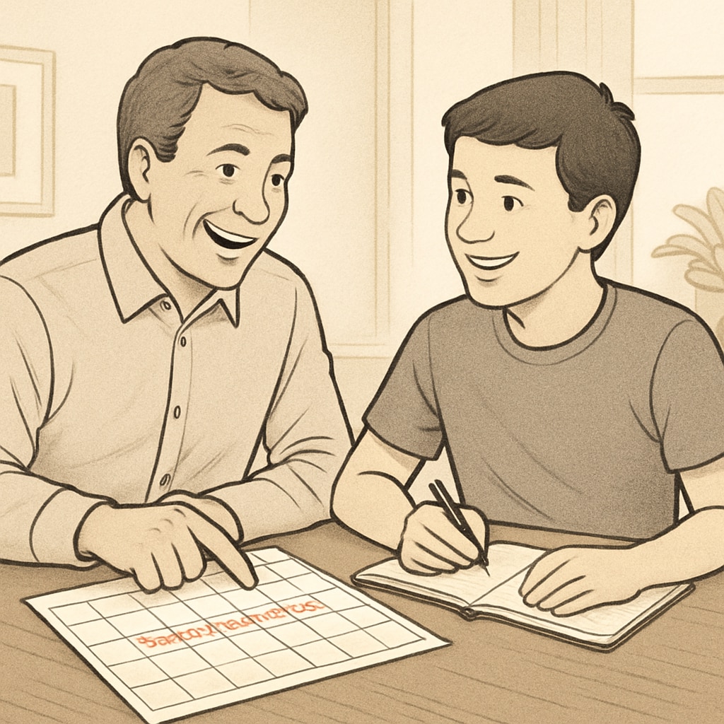 Parent and teenager discussing work-life balance for high school jobs and academics.