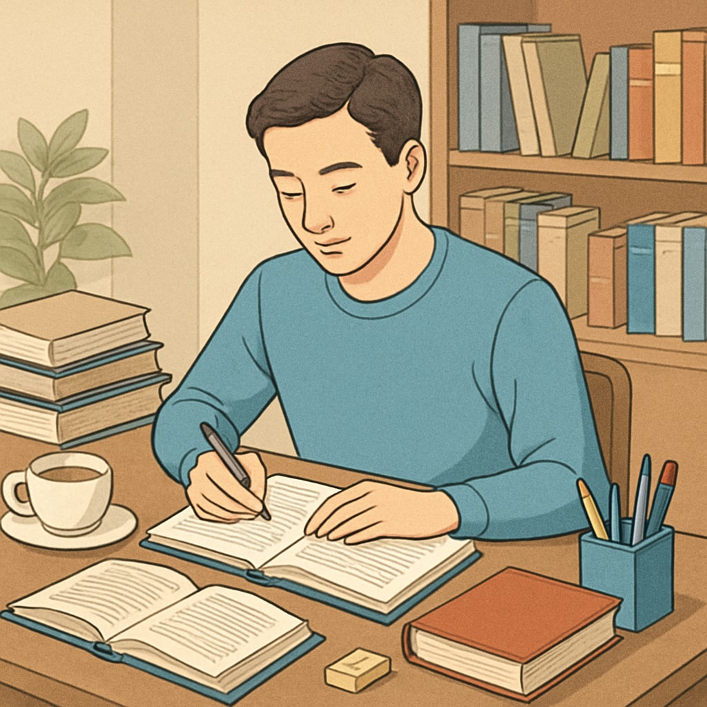 Academic resilience and balance in a calm study setting.