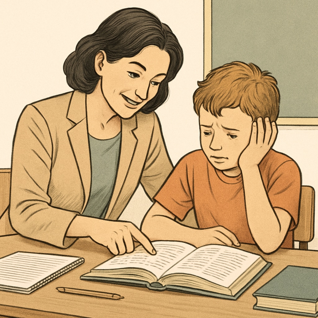 A teacher assisting a student with learning challenges in a classroom environment.