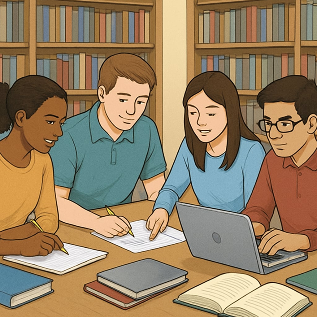 High school students studying together at a library.