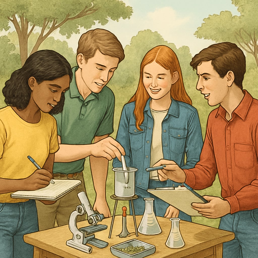 A group of high school students participating in an outdoor science workshop, discussing and working on experiments. High school students engaging in extracurricular learning through an outdoor science workshop.