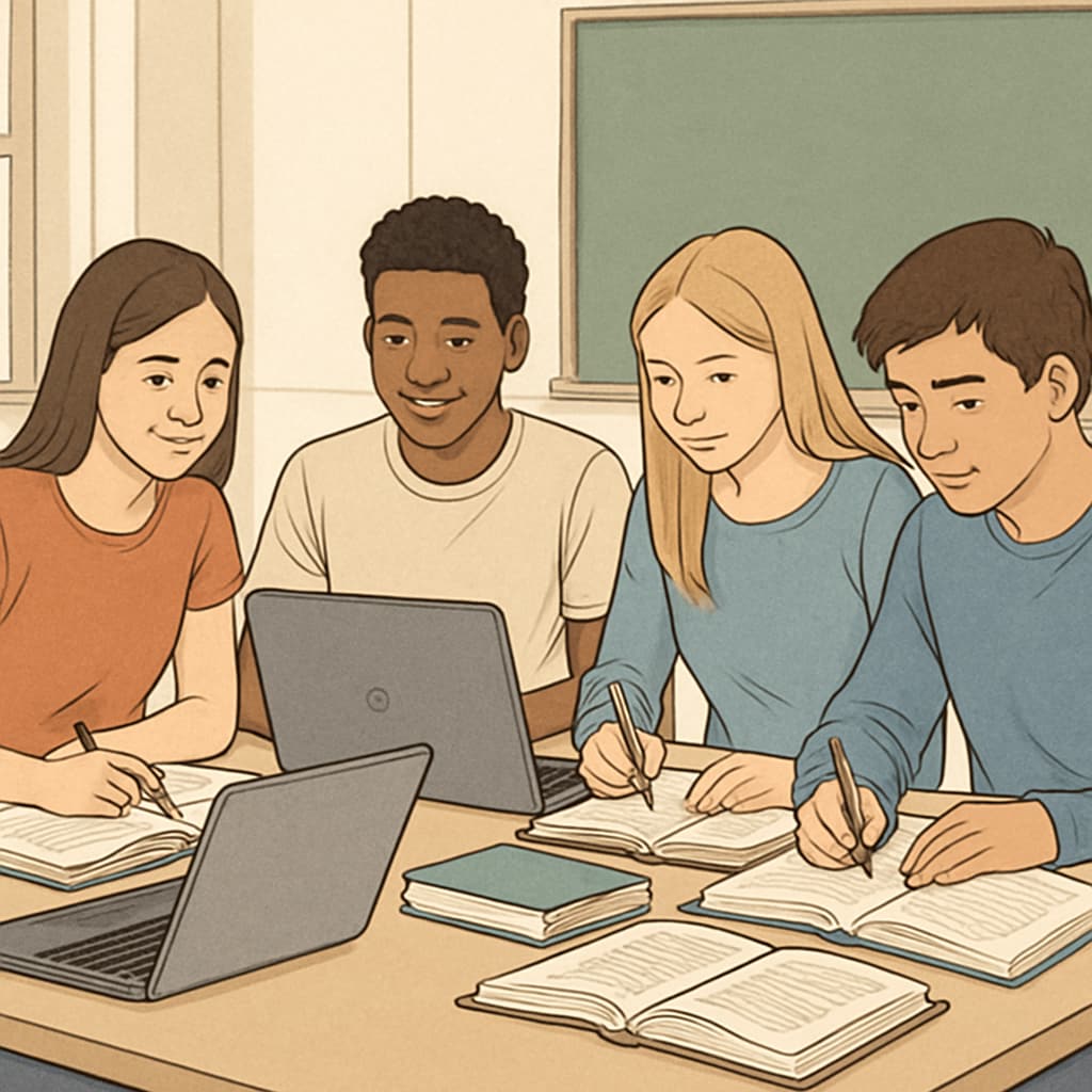 A group of high school students collaborating in a study group, seated around a table with laptops and textbooks. High school students in a study group using laptops and books.