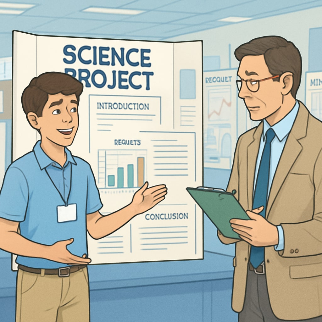 A high school student presenting a project at a science fair, with a judge providing feedback. High school student showcasing extracurricular learning through a science fair presentation.