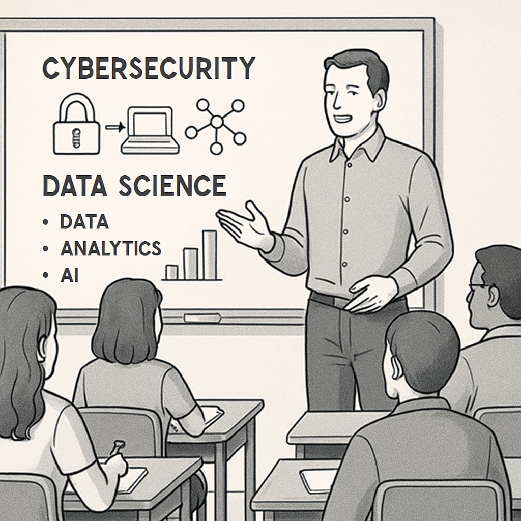 A professional discussing cybersecurity and data science concepts with students in a classroom setting. Cybersecurity and data science engineering concepts being discussed with students.