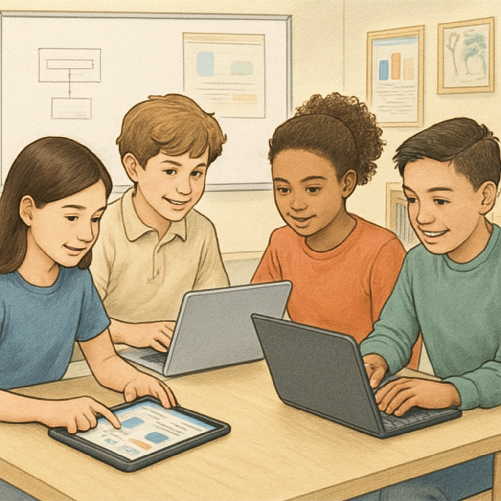 K12 students using digital tools for collaboration, reflecting learning groups.