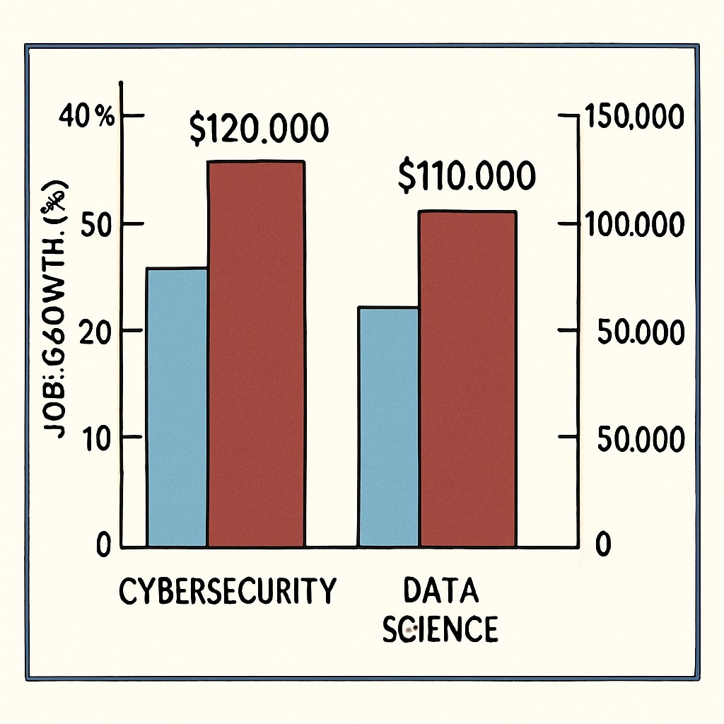 Bar chart comparing job growth and salary projections for cybersecurity and data science professionals. Job growth and salary comparison for cybersecurity and data science careers.