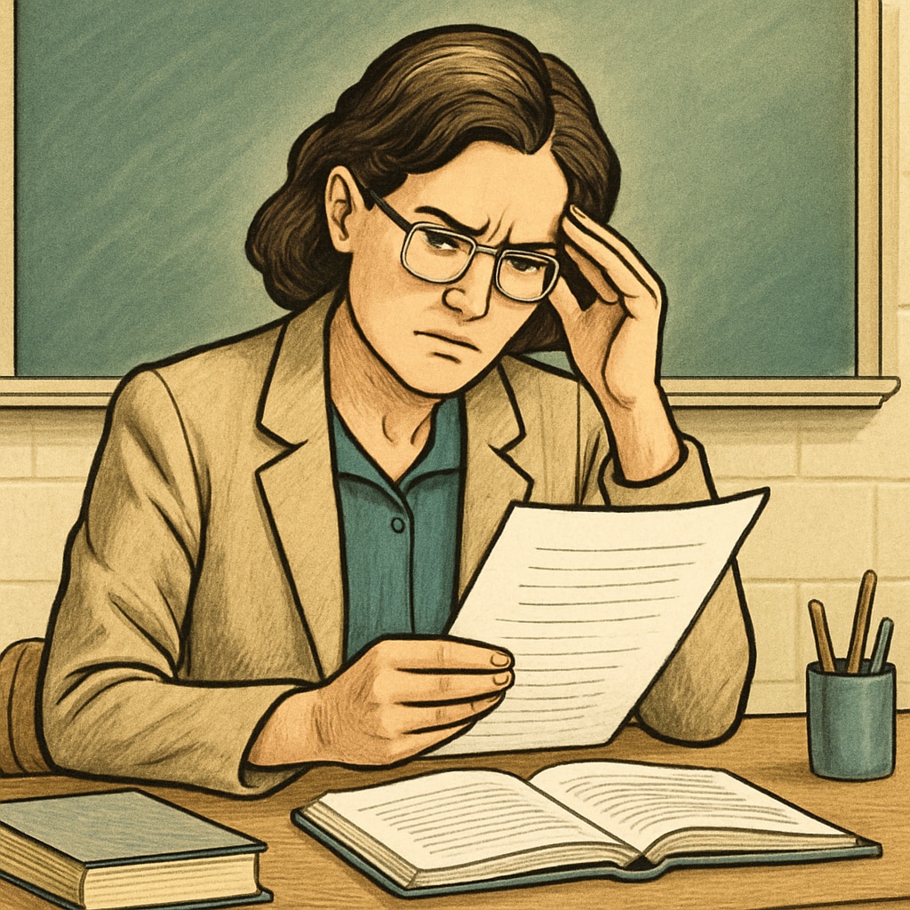 Professor reviewing a student’s paper, illustrating the risk of false plagiarism accusations.