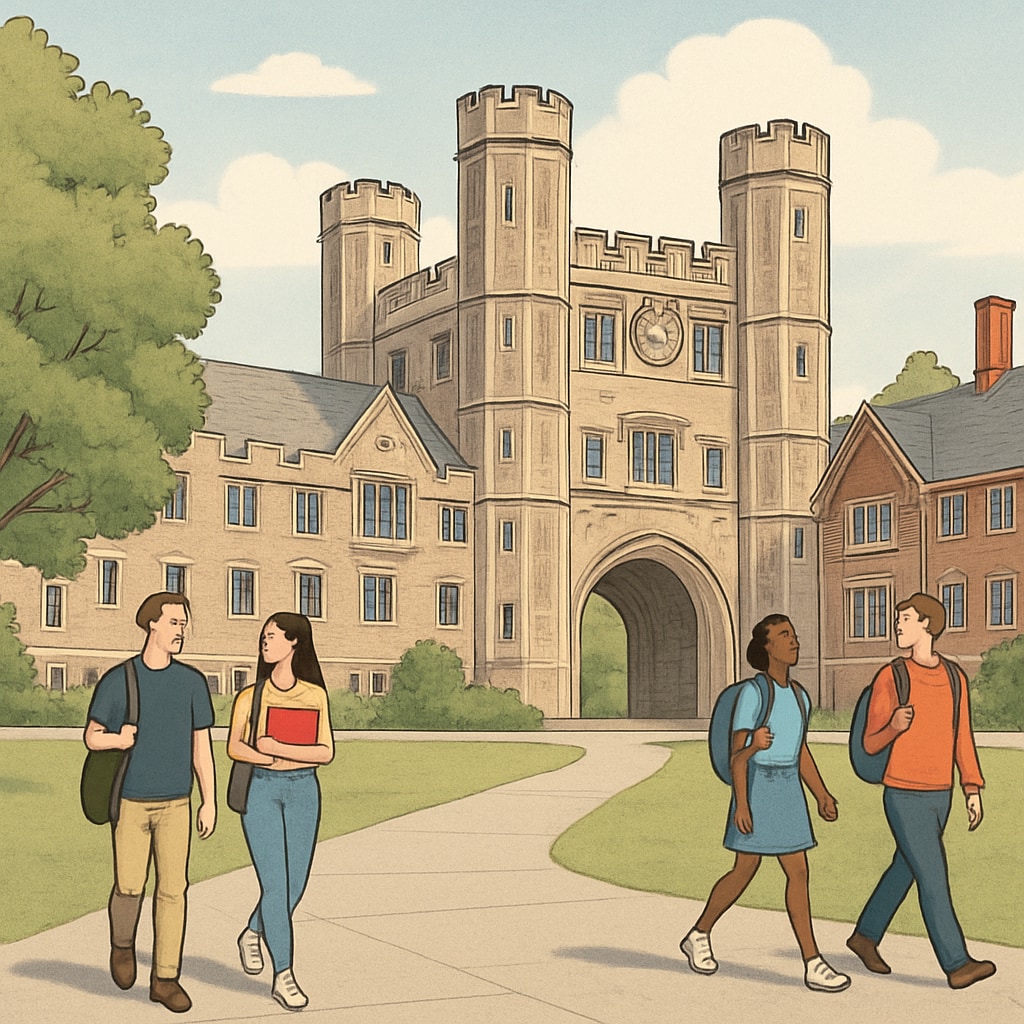 Princeton University campus with students walking by.