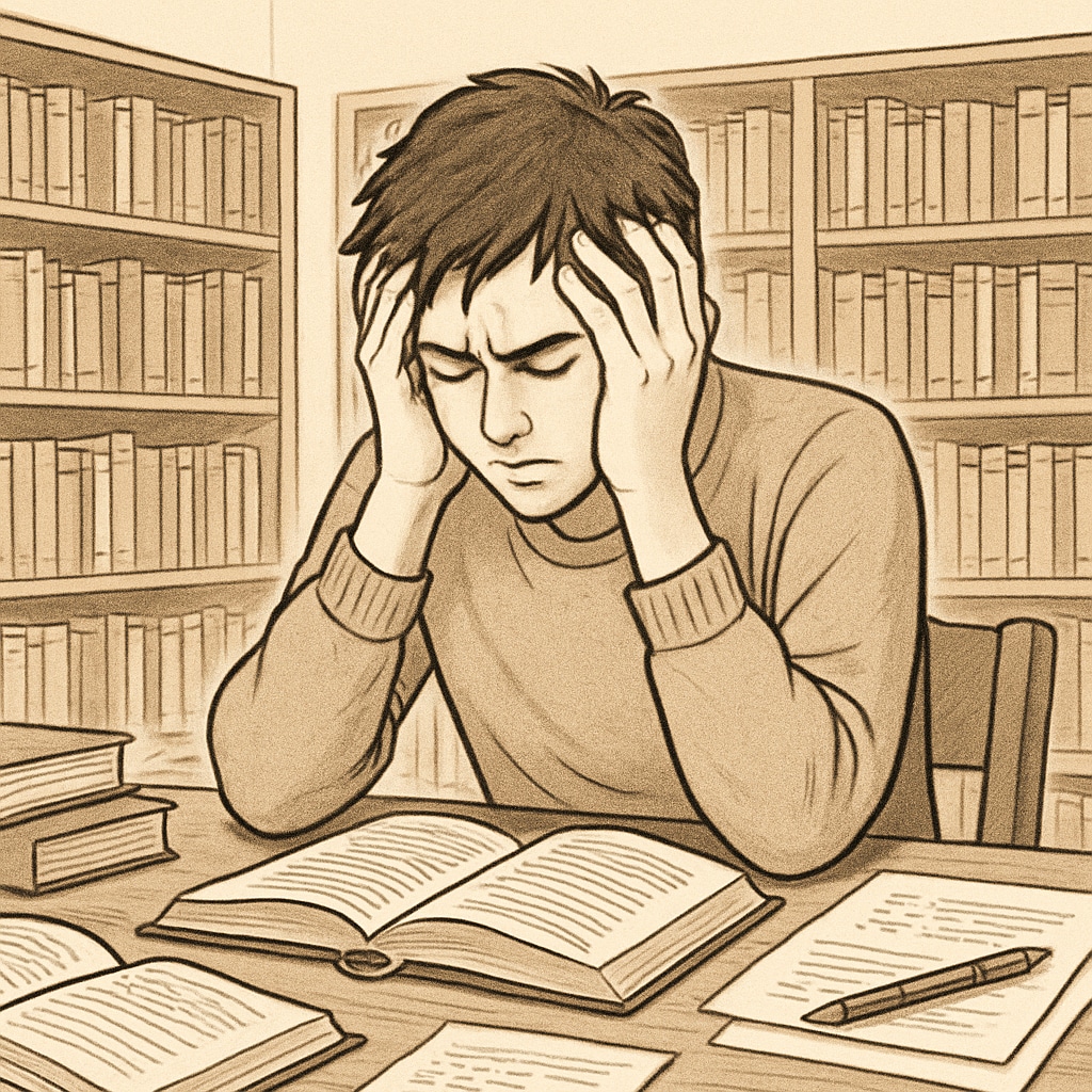 Student in a library, representing the emotional toll of false plagiarism claims.