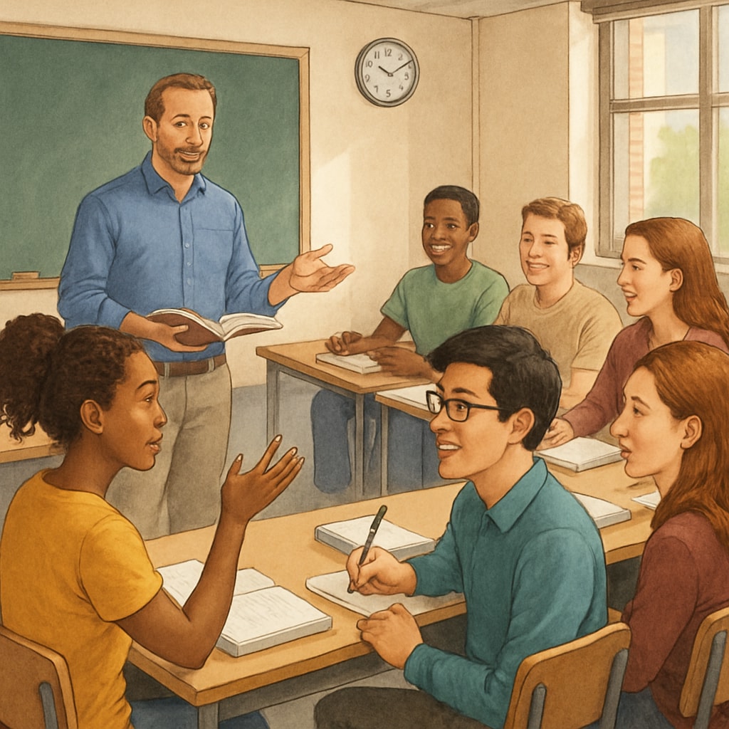 University classroom with students in discussion.