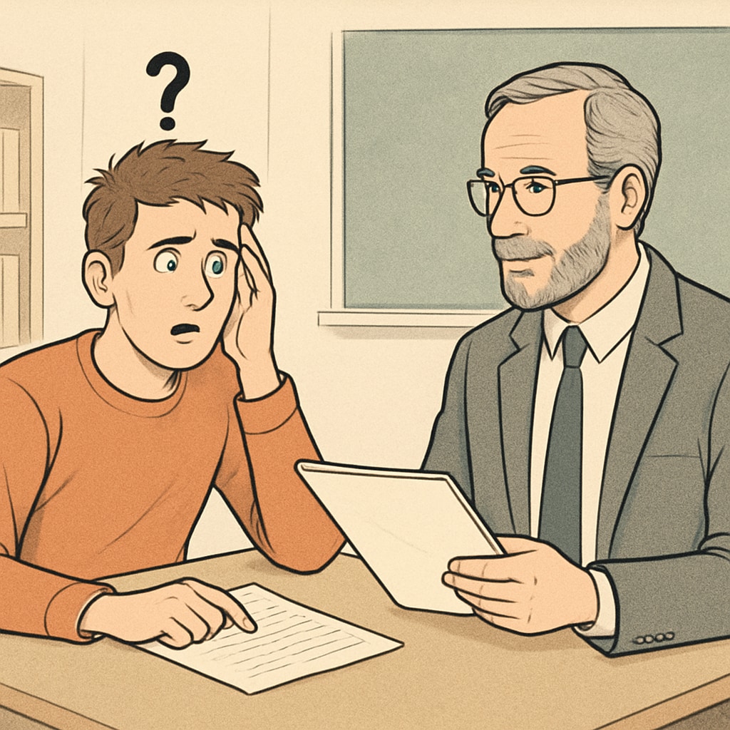 An image of a student looking confused while discussing an assignment with a professor in an academic setting. A student and professor discussing a plagiarism accusation, representing the