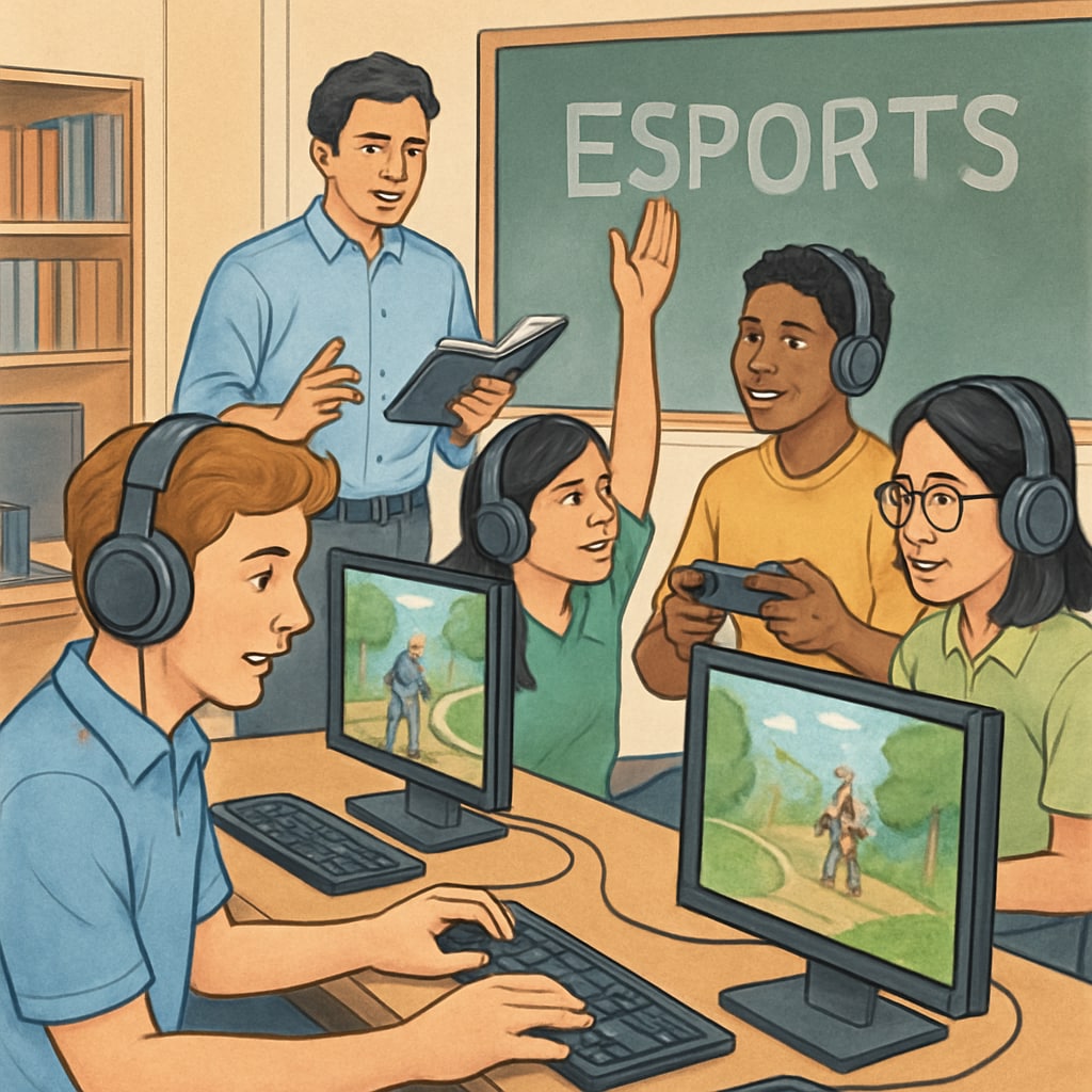 A vibrant scene of students participating in educational esports activities, showcasing a blend of academic learning and gaming. Students engaged in gamified learning through esports activities, blending academics and gaming.