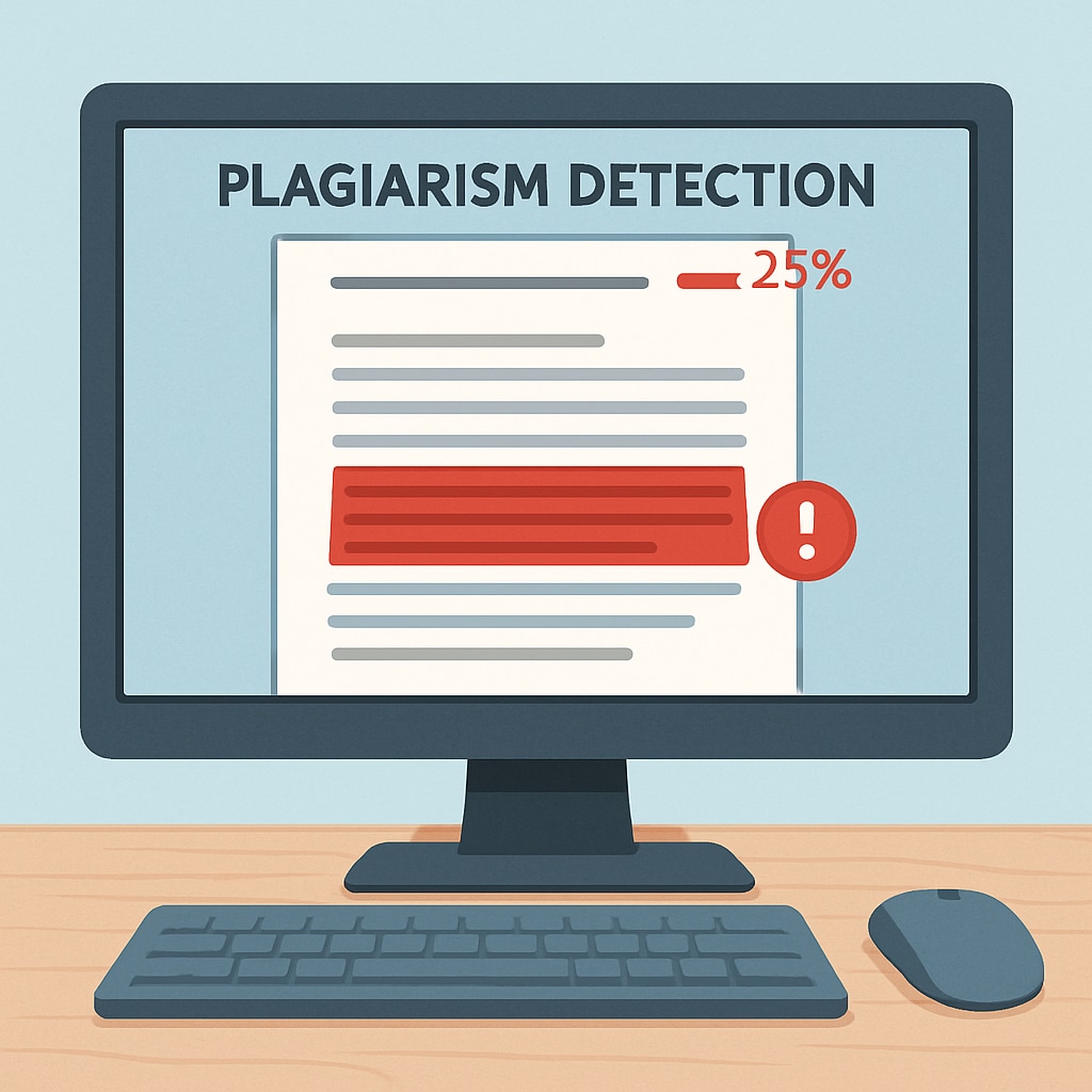 A depiction of plagiarism detection software highlighting a flagged section on a document. An example of plagiarism detection software, illustrating the role of technology in