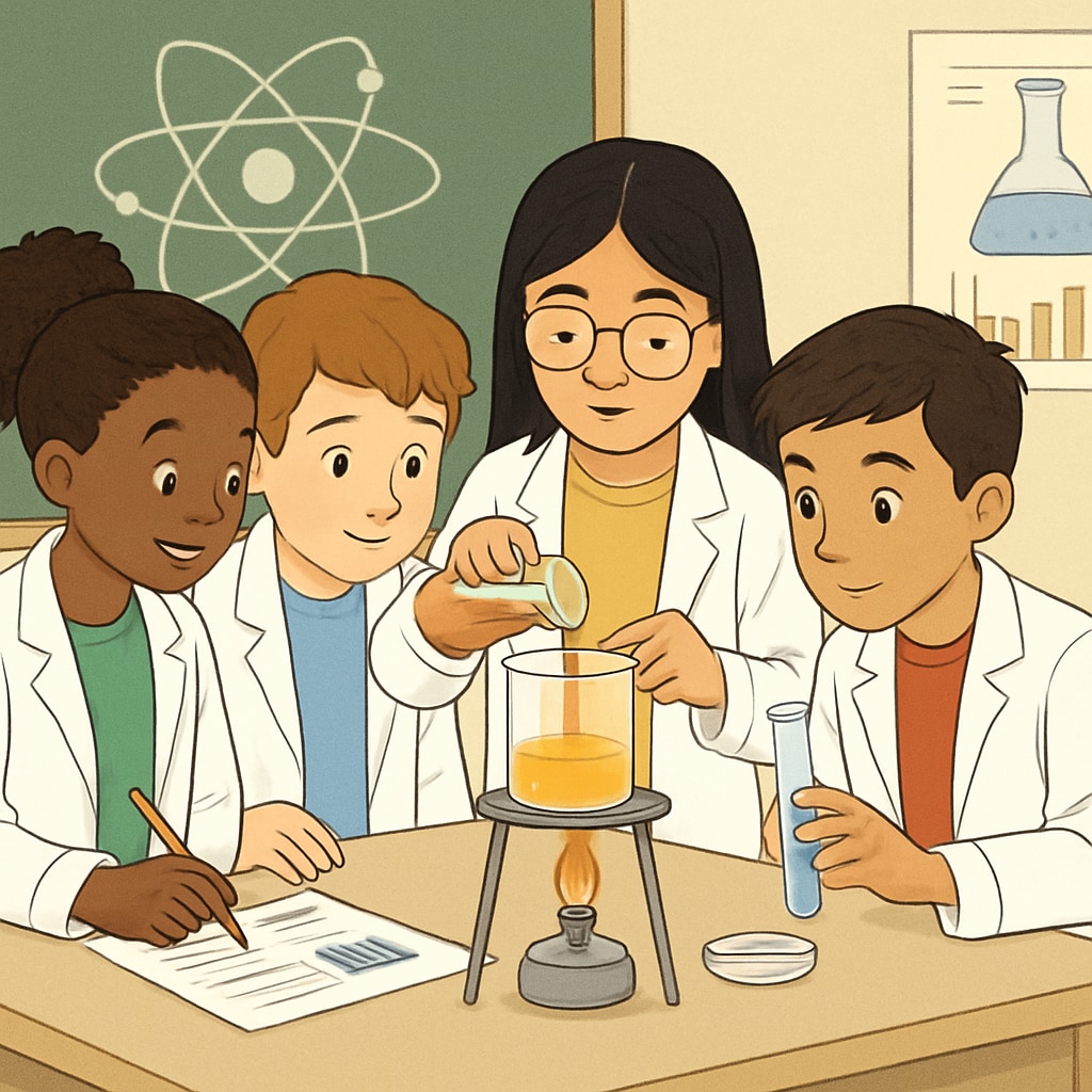 A diverse group of students working collaboratively on a science experiment, using hands-on materials like beakers and charts to support understanding. Diverse students conducting a hands-on science experiment, emphasizing inclusion.