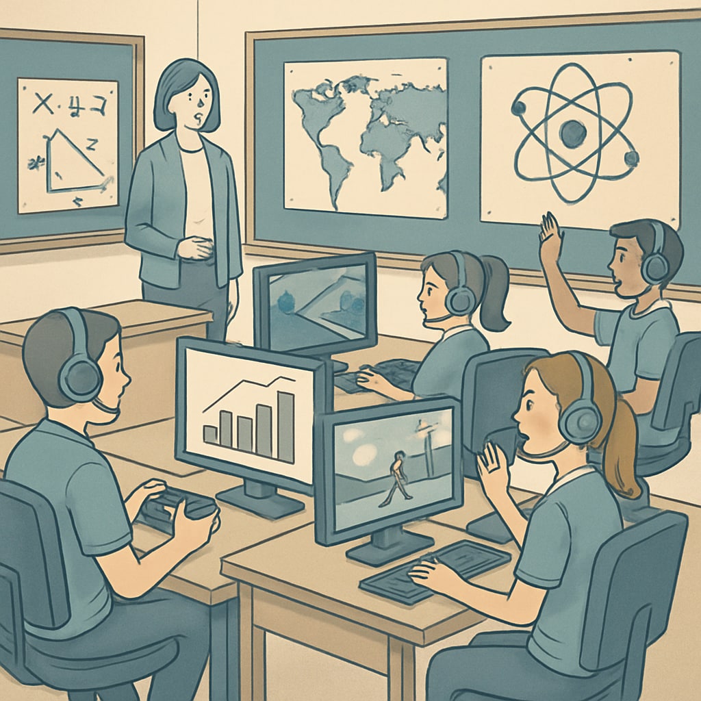 A classroom setting where students are engaged in esports-based learning activities, showcasing the blend of gaming and core academics. Gamified learning in an esports classroom setting