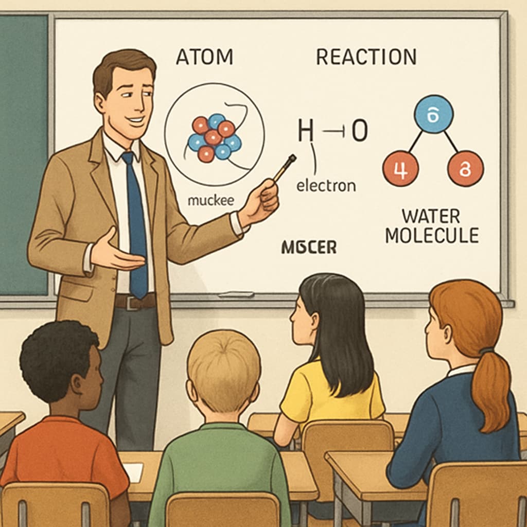A teacher explaining a scientific concept on a whiteboard with labeled diagrams, engaging a diverse classroom of attentive students. Teacher using diagrams to explain science to English learners in an inclusive classroom.
