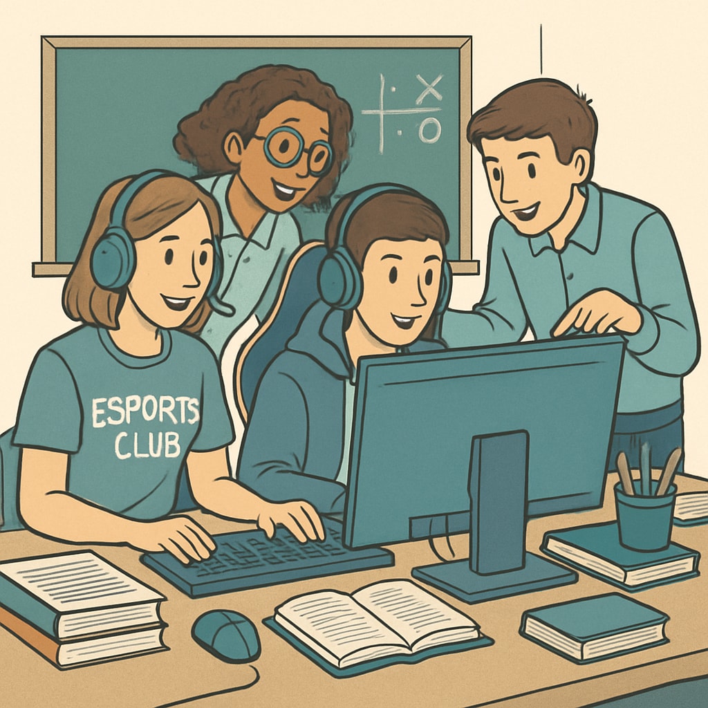 Students actively engaged in an esports club, with visible academic and teamwork elements integrated. Students participating in an esports club, demonstrating the combination of learning and gaming.