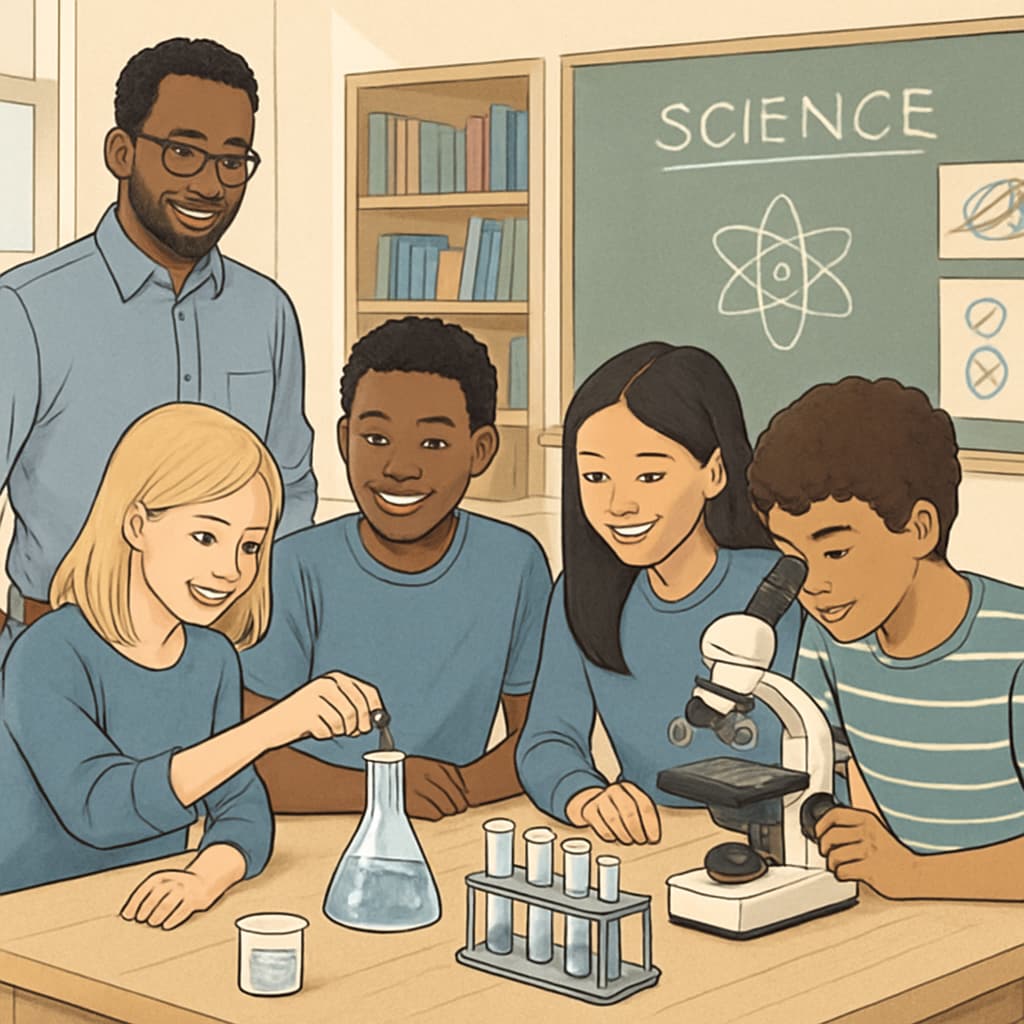 High school students and teacher collaborating during a science lesson to support English learners.