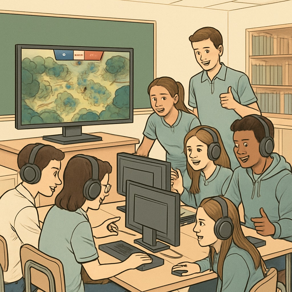 Students participating in an interactive esports tournament within an educational setting, highlighting teamwork and learning integration. Students engaged in esports tournaments for learning