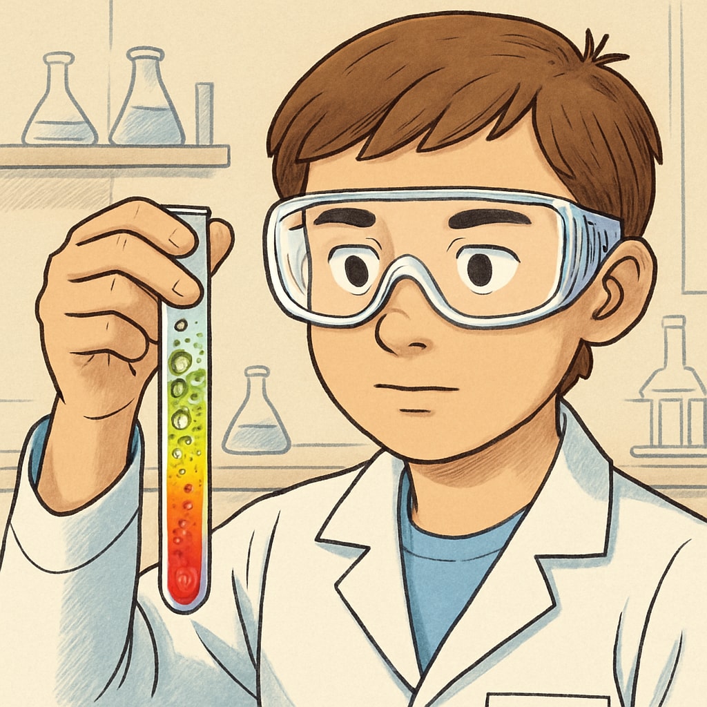 Science experiment demonstrating chemical reactions, tailored for English learners.