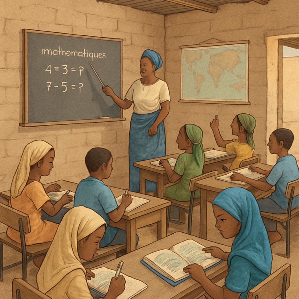 Mali classroom with students learning financial basics and facing resource challenges.