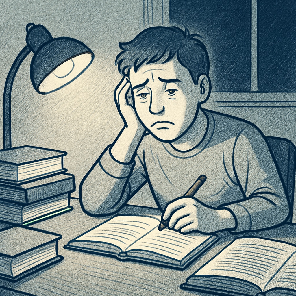A tired high school student studying at night, managing work and school.