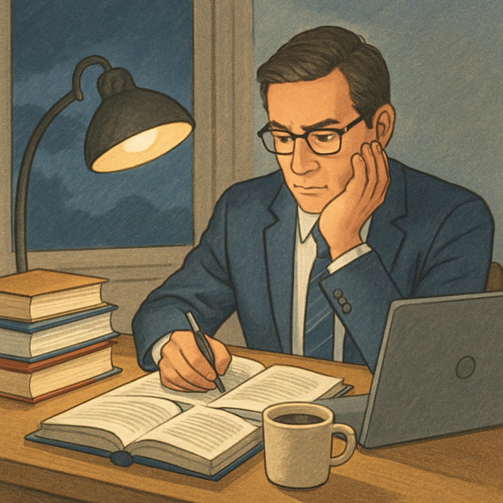 Professional balancing work and education at night.