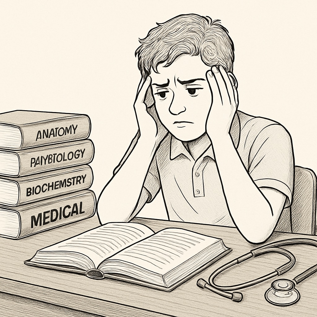 Frustrated student with textbooks and a stethoscope, illustrating learning disabilities in medical education.
