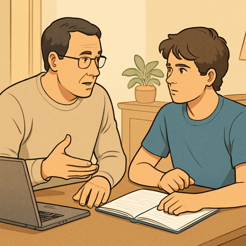 Parent guiding teen on balancing work and school responsibilities.