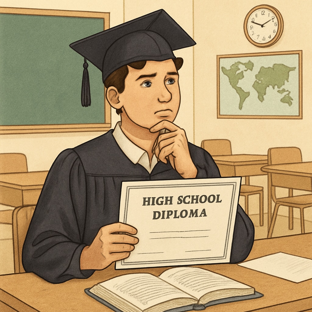 Student reflecting on a modified diploma with a thoughtful expression.