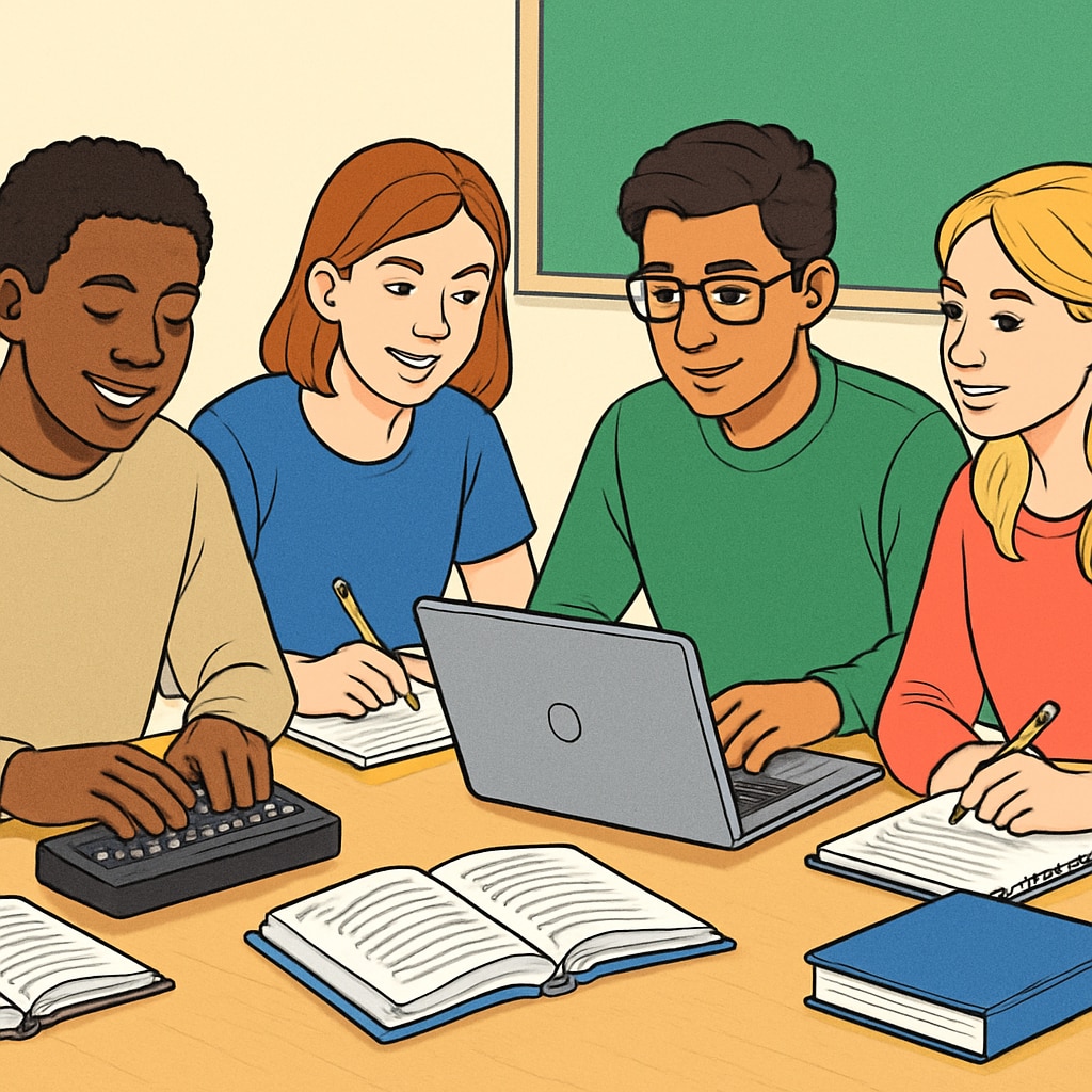 Diverse students studying together, highlighting inclusive education and assistive tools.