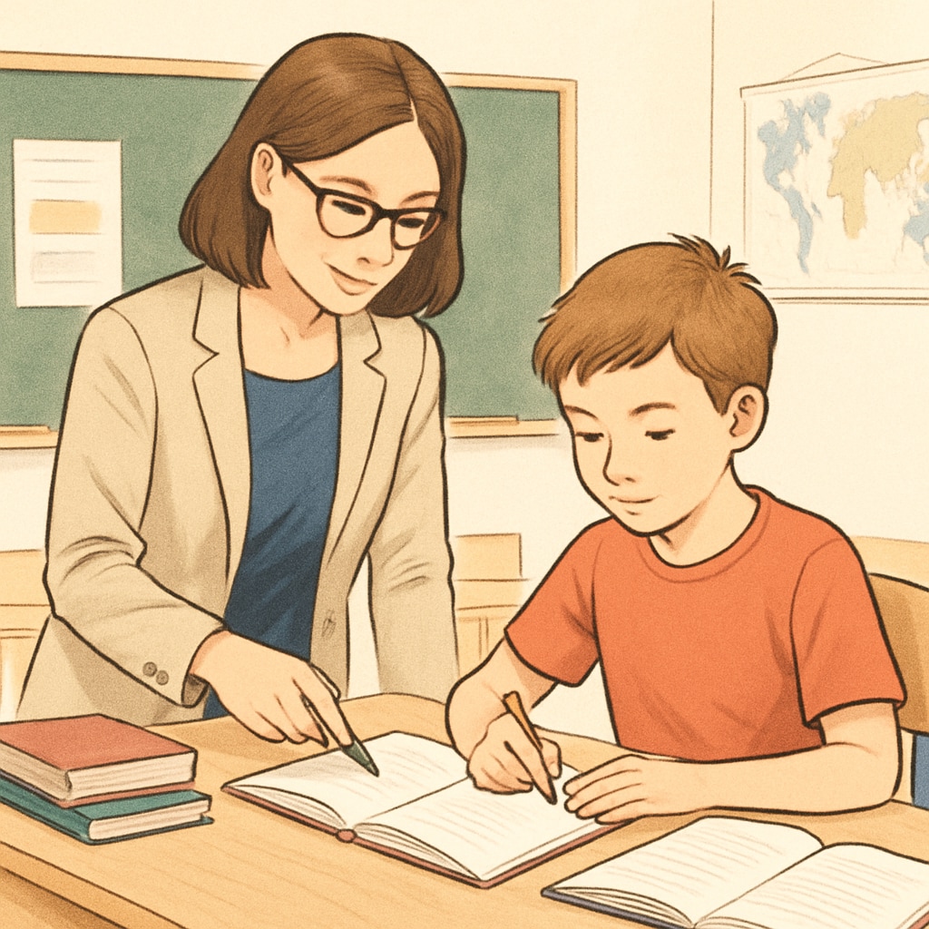 A classroom setting where a teacher is assisting a student with learning materials in an individualized manner. Teacher providing individualized education support to a student with learning difficulties in a classroom.