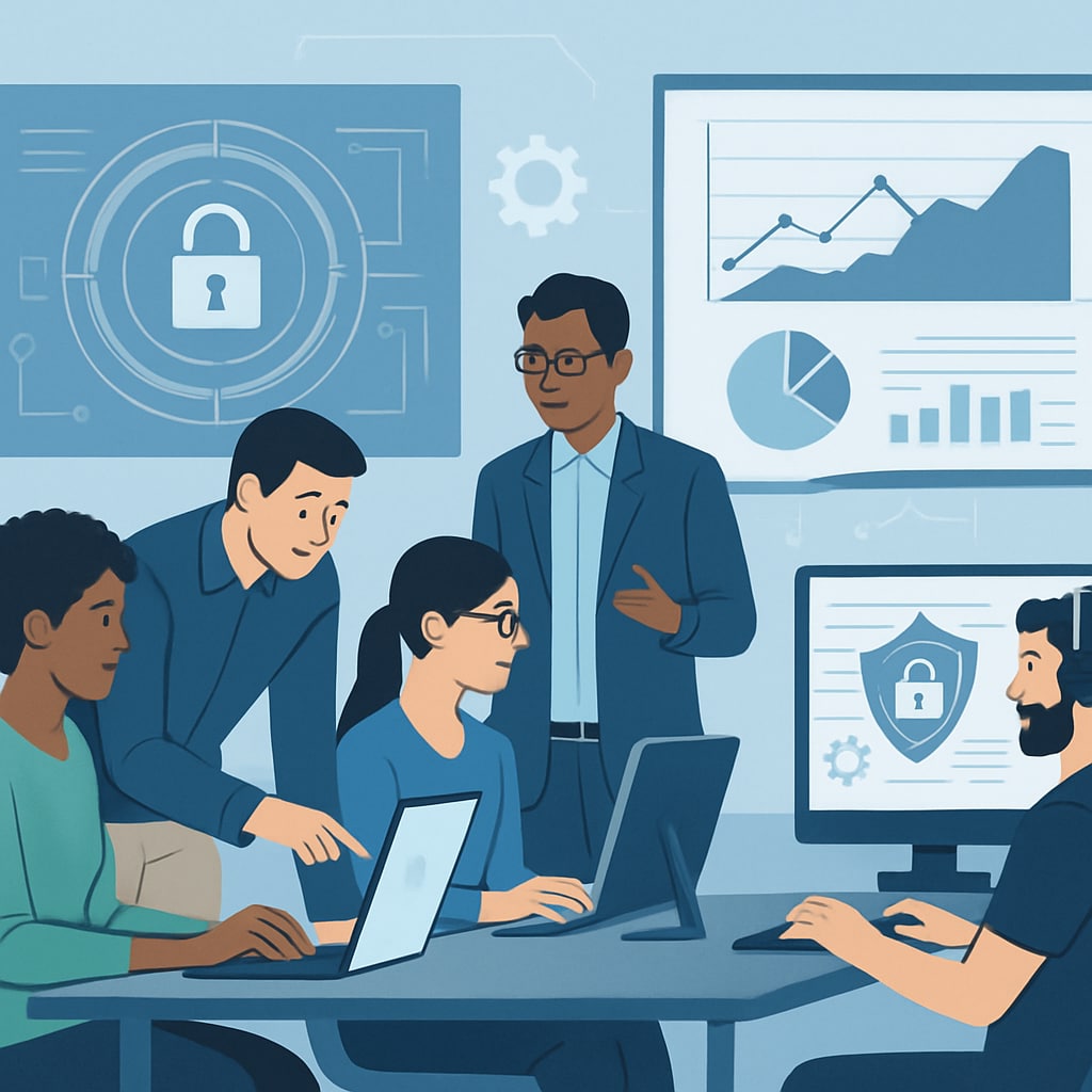 A visually engaging image showing cybersecurity professionals working alongside data scientists, emphasizing teamwork and digital innovation. Cybersecurity and data science professionals collaborating in a digital workspace