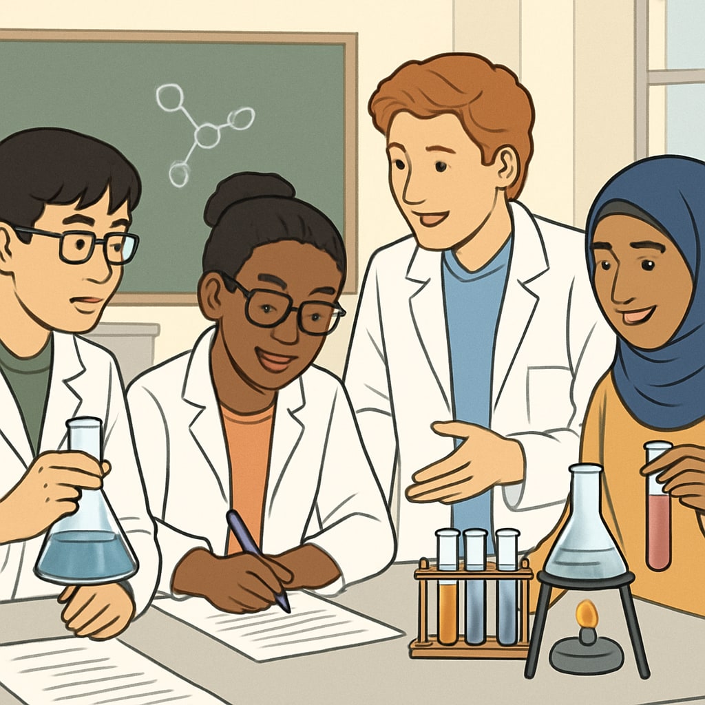 A diverse group of students working collaboratively in a science lab, showcasing teamwork and inclusivity. Students in a science lab working together, emphasizing inclusivity and diverse learning styles.