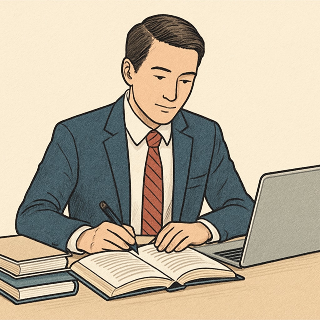 A professional balancing work and continuing education with books and a laptop.