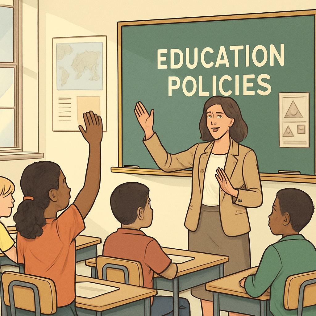 Teacher and students in a classroom discussing education policies.