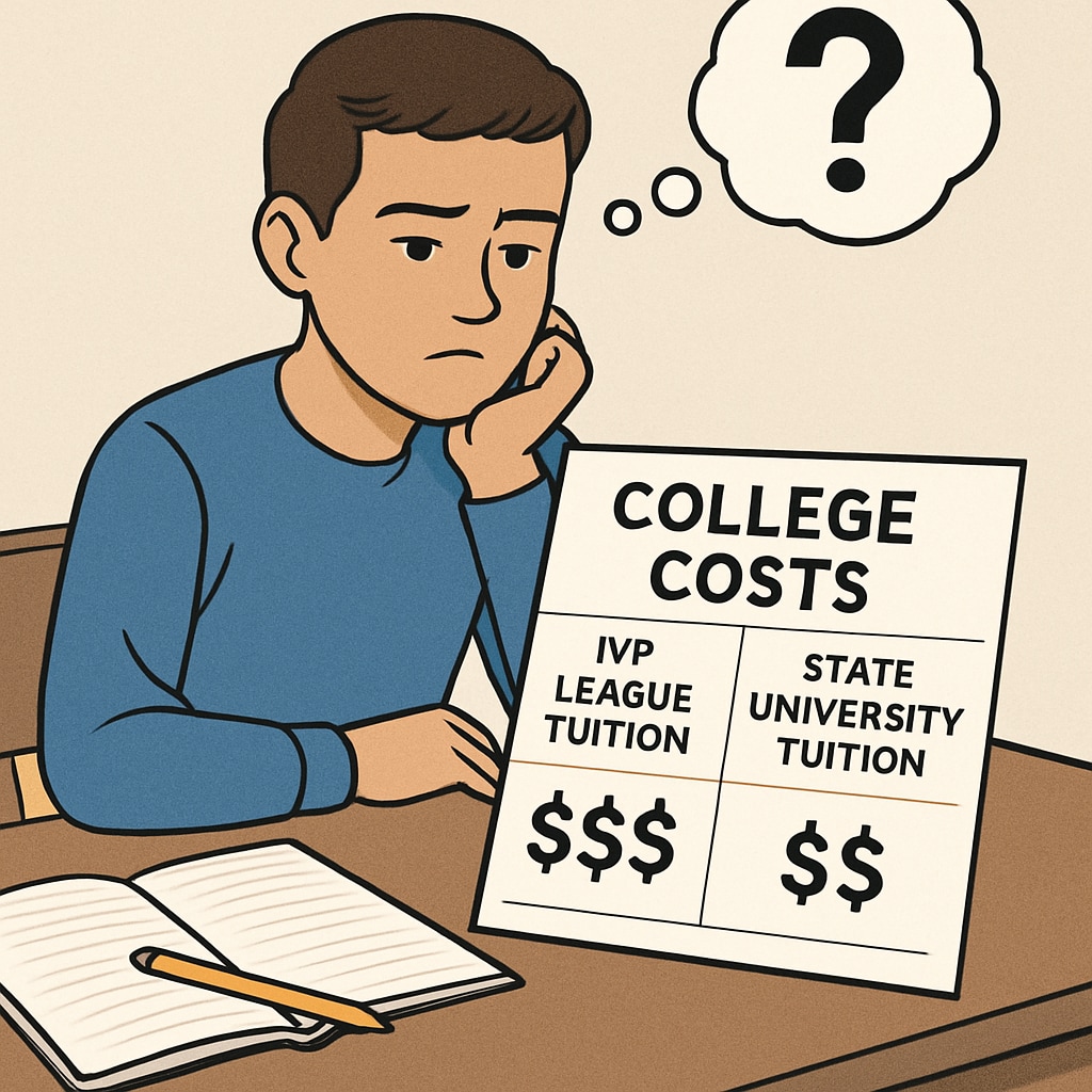 An image showing a student contemplating college costs, with a list comparing Ivy League tuition to state university tuition. College cost comparison between Ivy League and state universities.