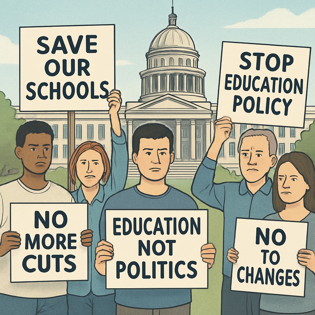 Protesters outside a government building, expressing concerns about education policies.