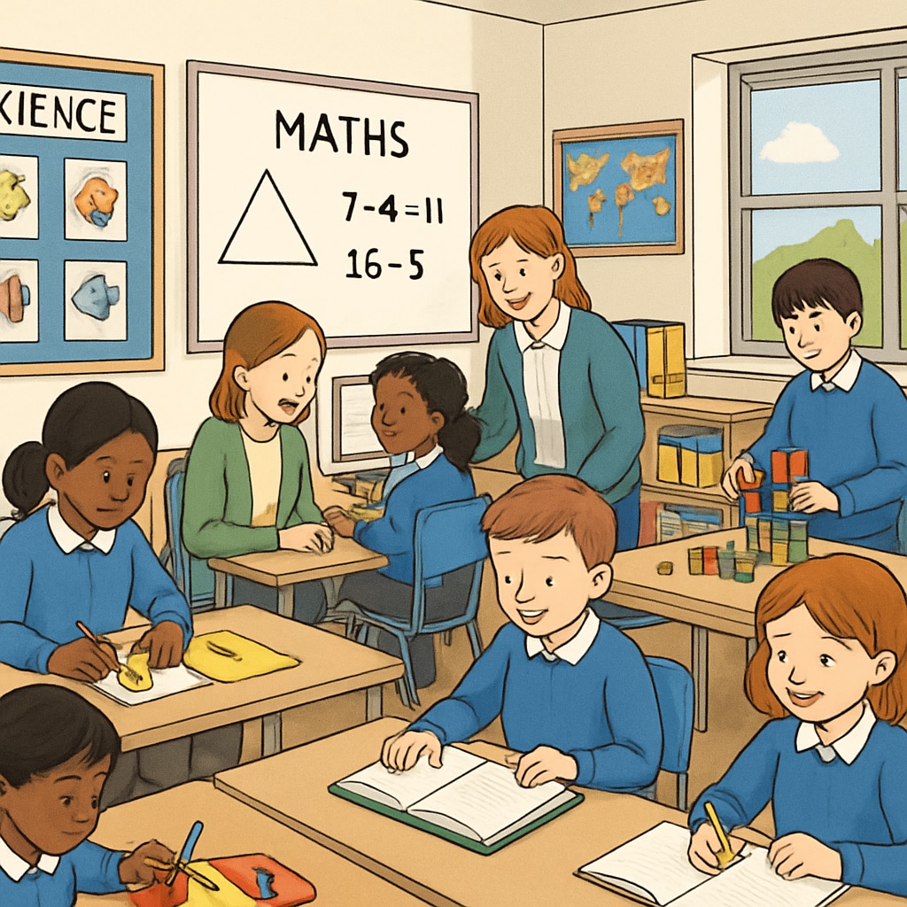 A supportive classroom environment in the UK, with students of varied ages engaged in learning activities. UK education system classroom with students engaged in learning after academic interruption.