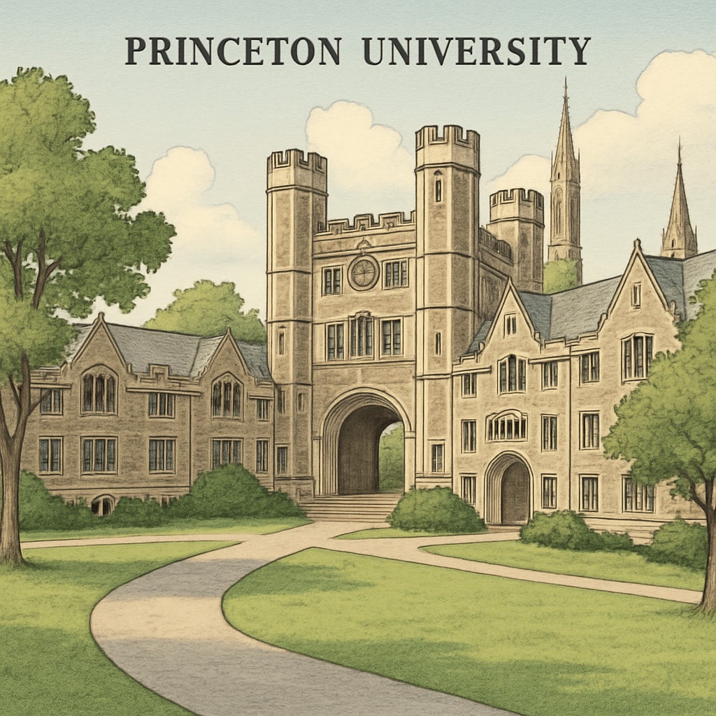 A photo of Princeton University campus, showcasing its iconic Gothic architecture and lush green spaces. Princeton University campus with iconic Gothic architecture and green spaces.