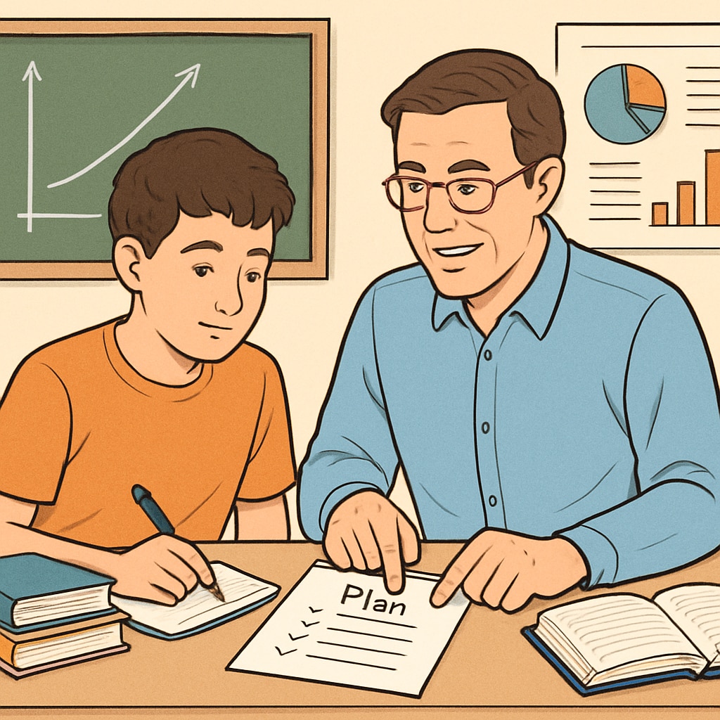 A mentoring session in progress, showcasing a mentor guiding a young student through academic planning. Mentor guiding a student in academic planning after a break in education.