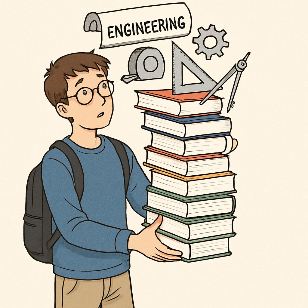 A conceptual illustration of a student balancing books and engineering tools, symbolizing dual-degree challenges. A student balancing books and tools, representing education and engineering dual degrees.