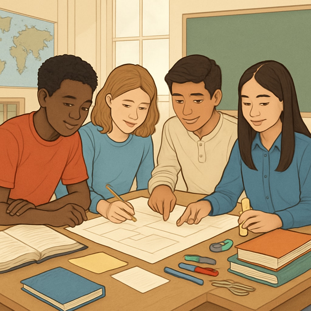 A group of diverse high school students engaging in a collaborative classroom project, symbolizing inclusive and holistic education. Diverse high school students working on a classroom project together.
