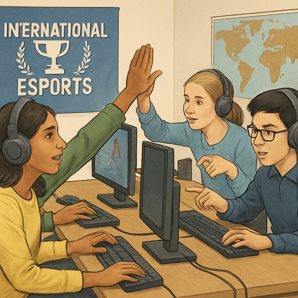 Diverse students competing in a global esports educational event.