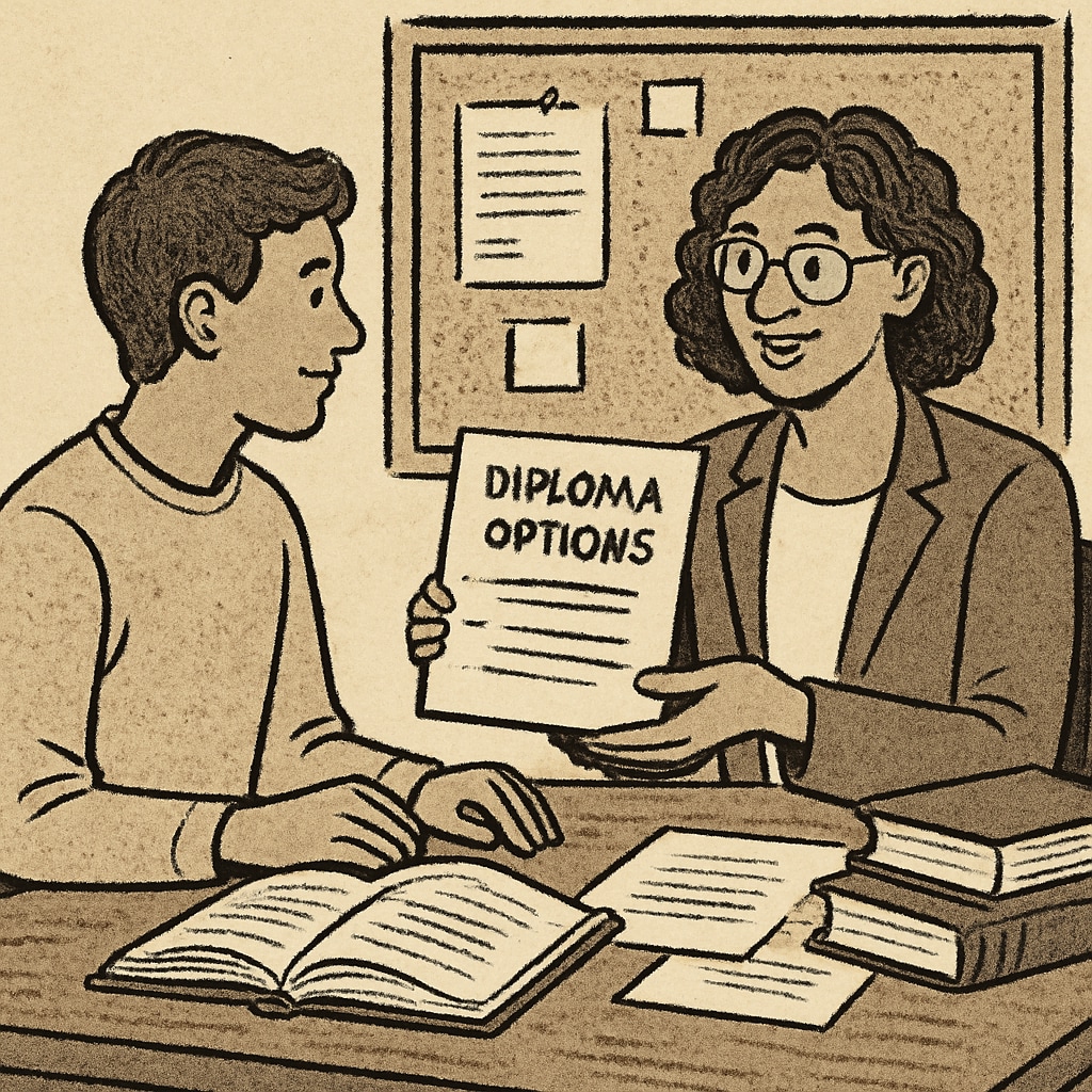 Student discussing diploma options with counselor.