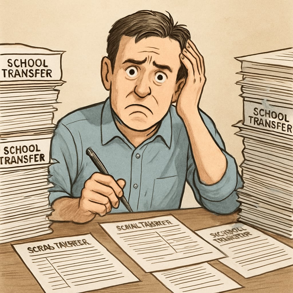 Parent struggling with school transfer paperwork, highlighting administrative interference.