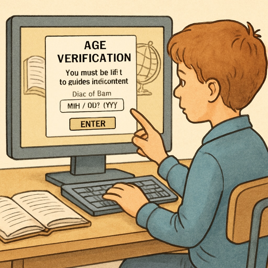 A young student sitting at a computer, encountering an age verification prompt while trying to access educational content. A student facing age verification issues when accessing educational resources online.