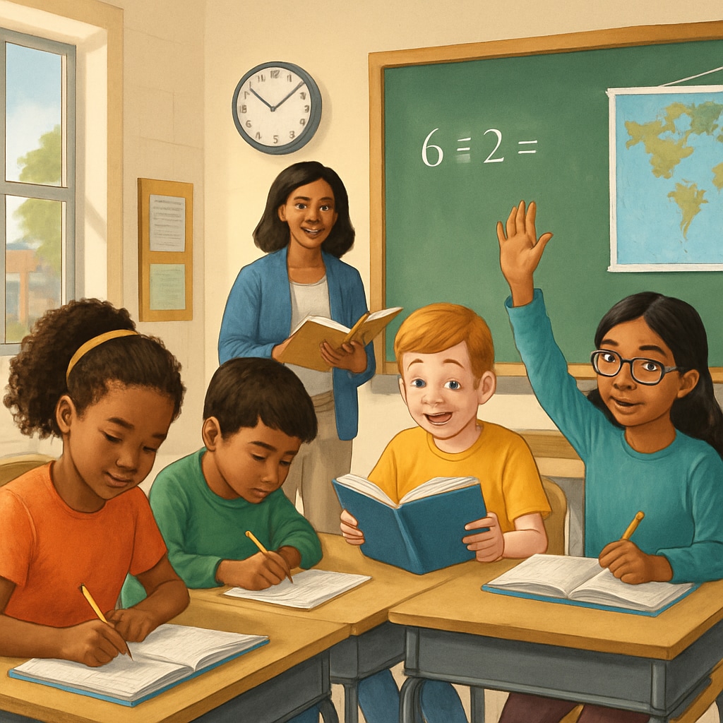 A classroom with diverse students engaged in learning, symbolizing inclusivity and educational recovery. Classroom scene depicting inclusivity and recovery for interrupted education.