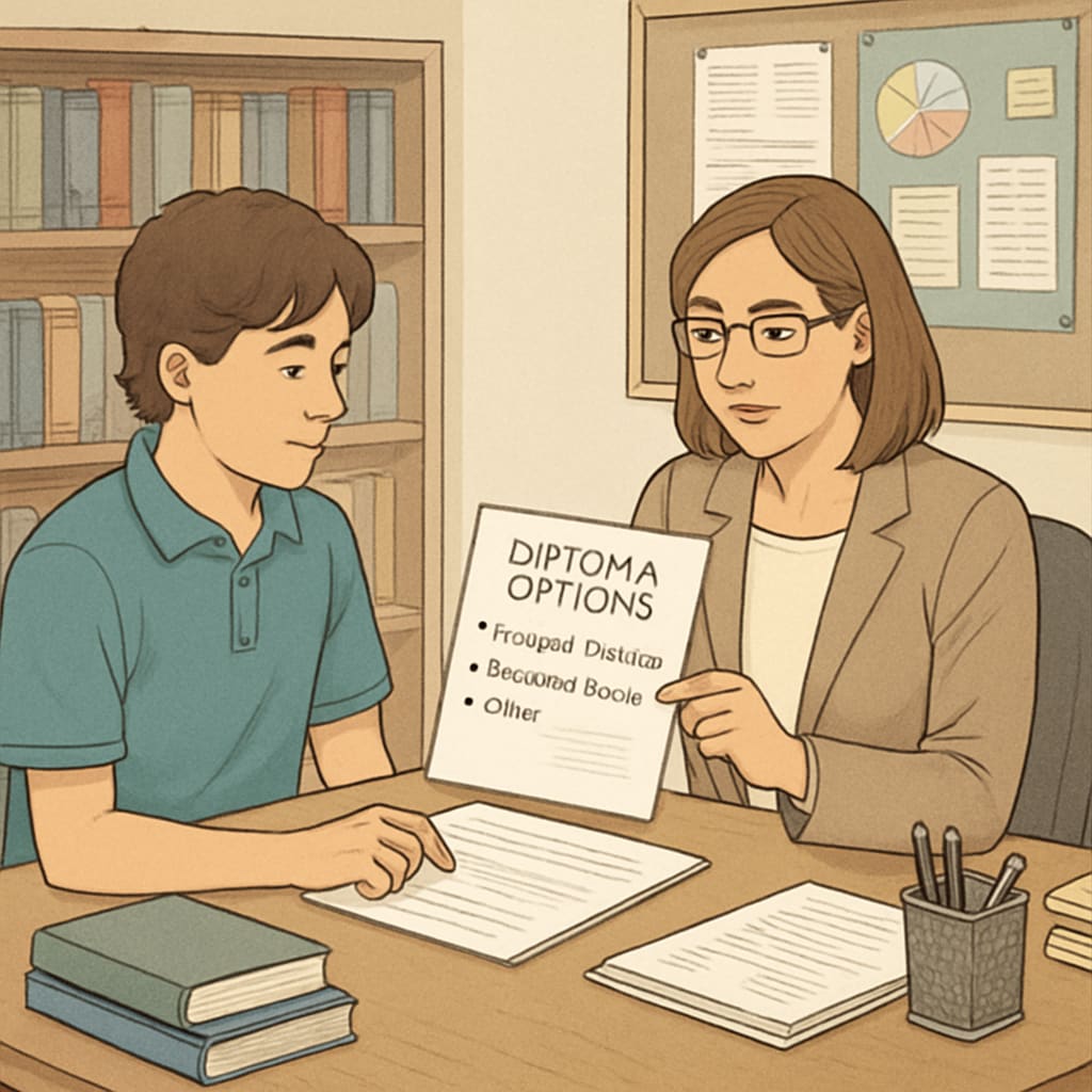 A high school student reviewing diploma options with a counselor in an academic setting. High school student discussing diploma options with a counselor.